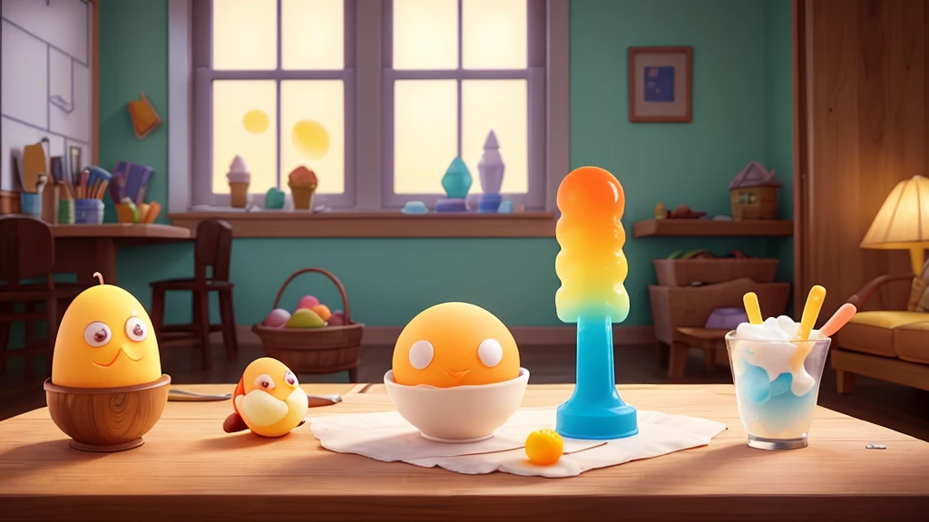 Create a surreal and humorous image of a bitten and melting popsicle with a fried egg inside. The popsicle should be transparent, clearly showing the egg with its white and bright yellow yolk. The scene should be set indoors, with a hand holding the melting popsicle in front of a window. Sunlight should be streaming through the window, illuminating the melting popsicle and creating a contrast between the indoor setting and the light coming from outside. The overall atmosphere should be lighthearted and whimsical, highlighting the unexpected combination of a fried egg inside a popsicle.