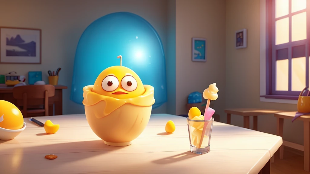 Create a surreal and humorous image of a bitten and melting popsicle with a fried egg inside. The popsicle should be transparent, clearly showing the egg with its white and bright yellow yolk. The scene should be set indoors, with a hand holding the melting popsicle in front of a window. Sunlight should be streaming through the window, illuminating the melting popsicle and creating a contrast between the indoor setting and the light coming from outside. The overall atmosphere should be lighthearted and whimsical, highlighting the unexpected combination of a fried egg inside a popsicle.