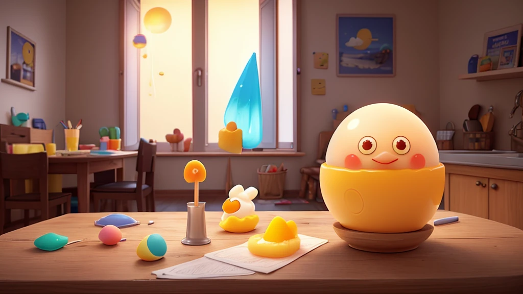 Create a surreal and humorous image of a bitten and melting popsicle with a fried egg inside. The popsicle should be transparent, clearly showing the egg with its white and bright yellow yolk. The scene should be set indoors, with a hand holding the melting popsicle in front of a window. Sunlight should be streaming through the window, illuminating the melting popsicle and creating a contrast between the indoor setting and the light coming from outside. The overall atmosphere should be lighthearted and whimsical, highlighting the unexpected combination of a fried egg inside a popsicle.