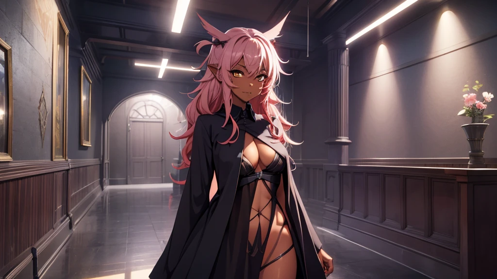 Best god quality, NO EXTRAS PEOPLE, no one in background, detailed, a dark room with moonlight shining in, no windows, dark bedroom, minimal lights, confident succubus girl, succubus in long dress, perfect anatomy, She is alone in a room at night, exposed thighs, inside bedroom, she's standing alone in an empty room, inside a bedroom, pointy ears, dark skin, she has red hair, cute, big yellow eyes, looking at camera, red wavy hair, red hair, looking at viewer, cute, adorable, solo, yellow eyes, slender dress, mischievous look, excited expression, smug, (((SOLO))), (girl standing in middle)