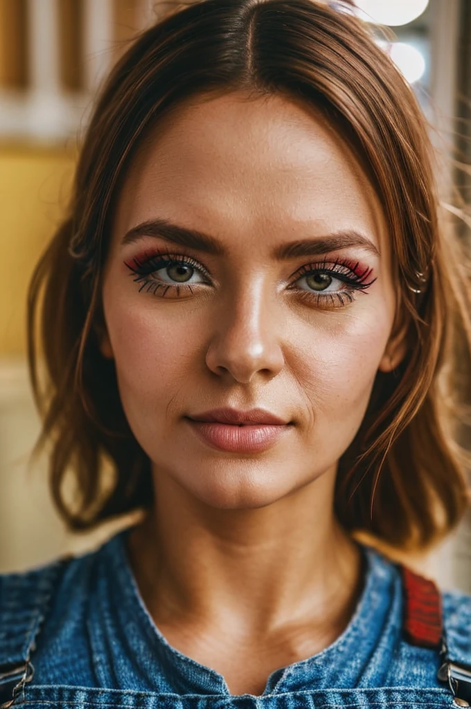 masterpiece, intricate and detailed raw 8k photo, volumetric lighting, best cinematographic quality, photo of a normal woman in overalls, portrait, make up, perfect nails, school background, extreme close up