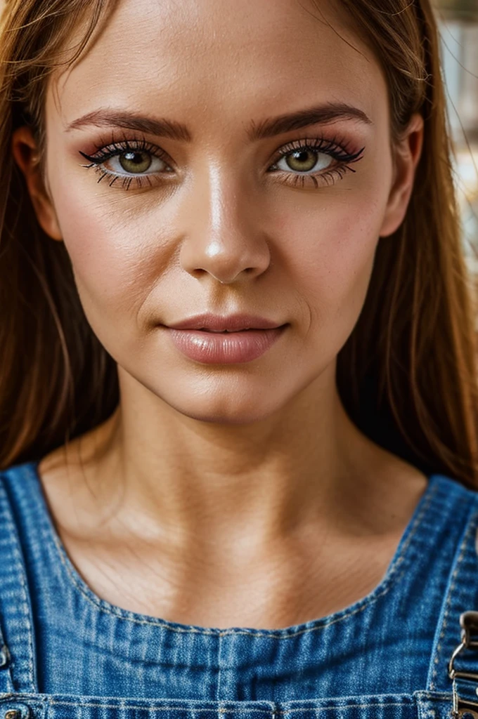 masterpiece, intricate and detailed raw 8k photo, volumetric lighting, best cinematographic quality, photo of a normal woman in overalls, portrait, make up, perfect nails, school background, extreme close up