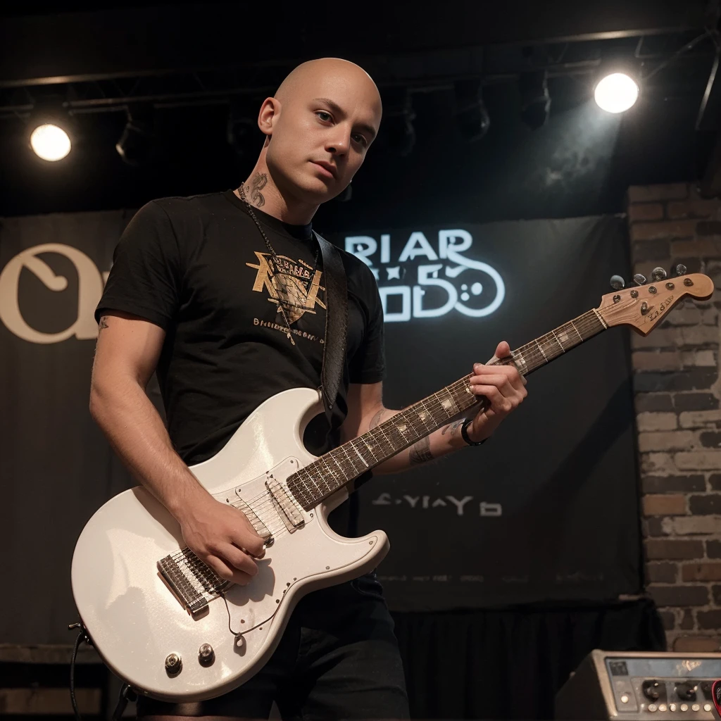 A bald 25 year old blonde midsize rock guitarist on a bar stage playing rock music 