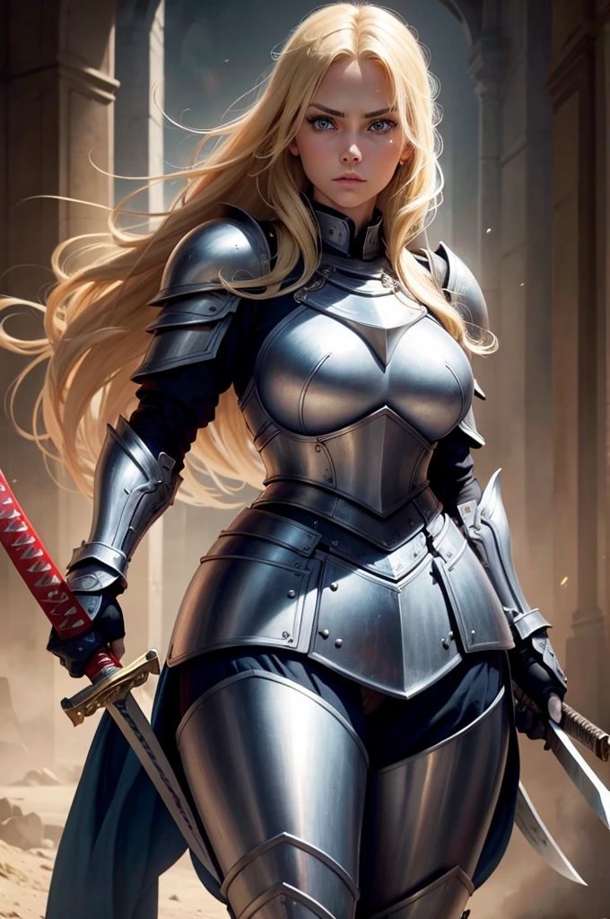 blonde woman, twenty eight years old, blue eyes, wearing battle armor, beautiful, holding a katana, big tits, serious face, strong body