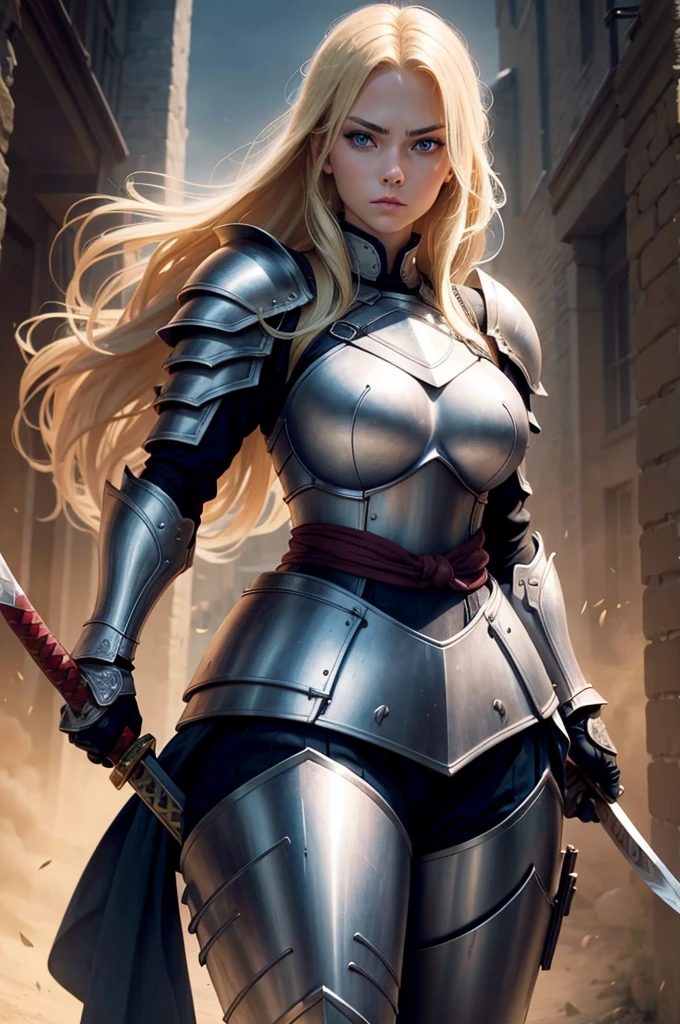 blonde woman, twenty eight years old, blue eyes, wearing battle armor, beautiful, holding a katana, big tits, serious face, strong body