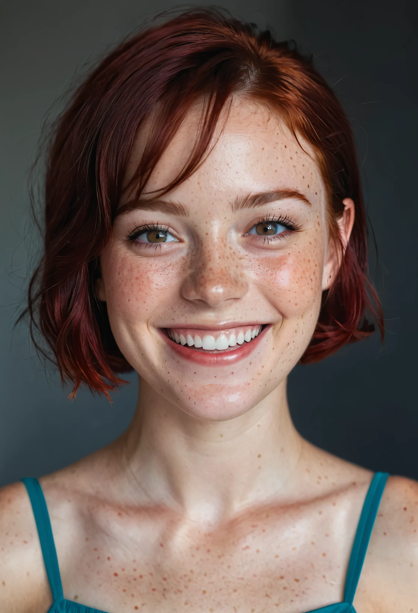 beautiful lady, (freckles), big smile, ruby eyes, short hair, dark makeup, hyperdetailed photography, soft light, head and shoulders portrait, cover