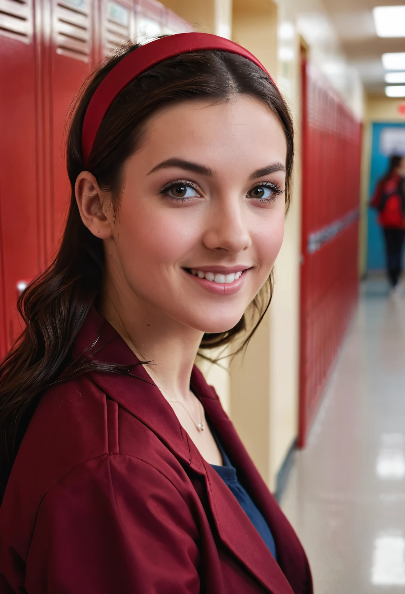 photography, realistic
woman, looking at viewer, dark red jacket, dark red hairband, school hallway, red lockers, close up, happy