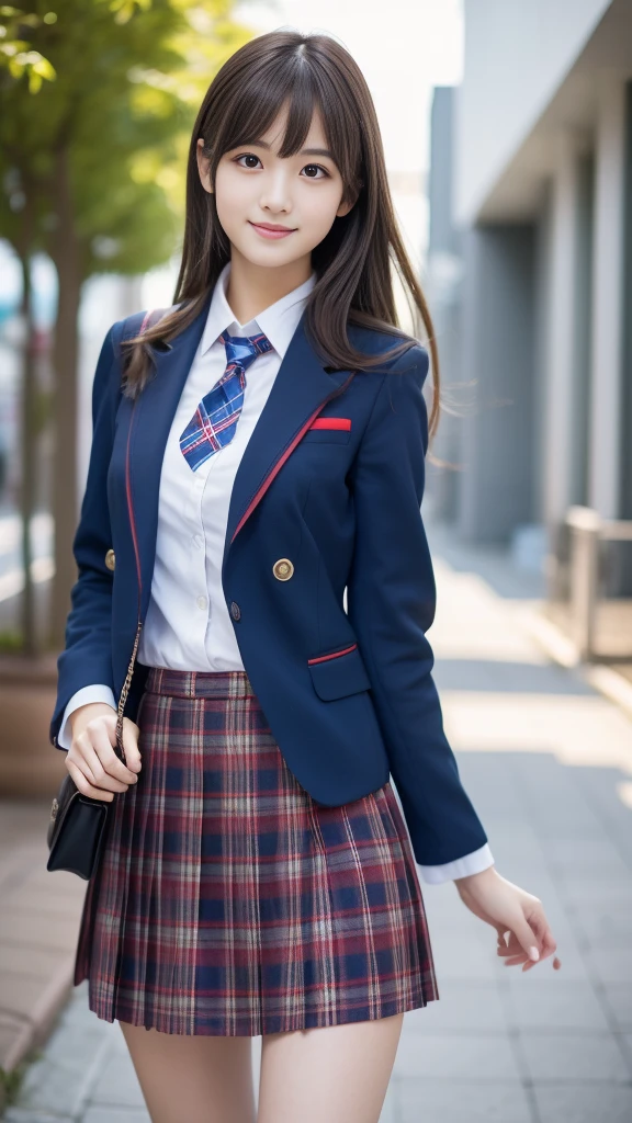Ultra-high resolution, Superior Quality, Highest quality, Very detailed, Realistic, 8k, RAW Photos, Highest quality, masterpiece, Attractive girl, Awesome girl, Brown Hair, Shoulder-length layers, 非対称のbangs, K-POPアイドル, Sophisticated, stylish, Shibuya Ward, ((masterpiece)),(((Highest quality))),Thin thighs,Long legs,Girl standing in school corridor,Red Tie Uniform,Dark Blue Blazer,Blue plaid skirt,18-year-old,bangs,A small smile,Random Pause,pretty girl,Slender girl,