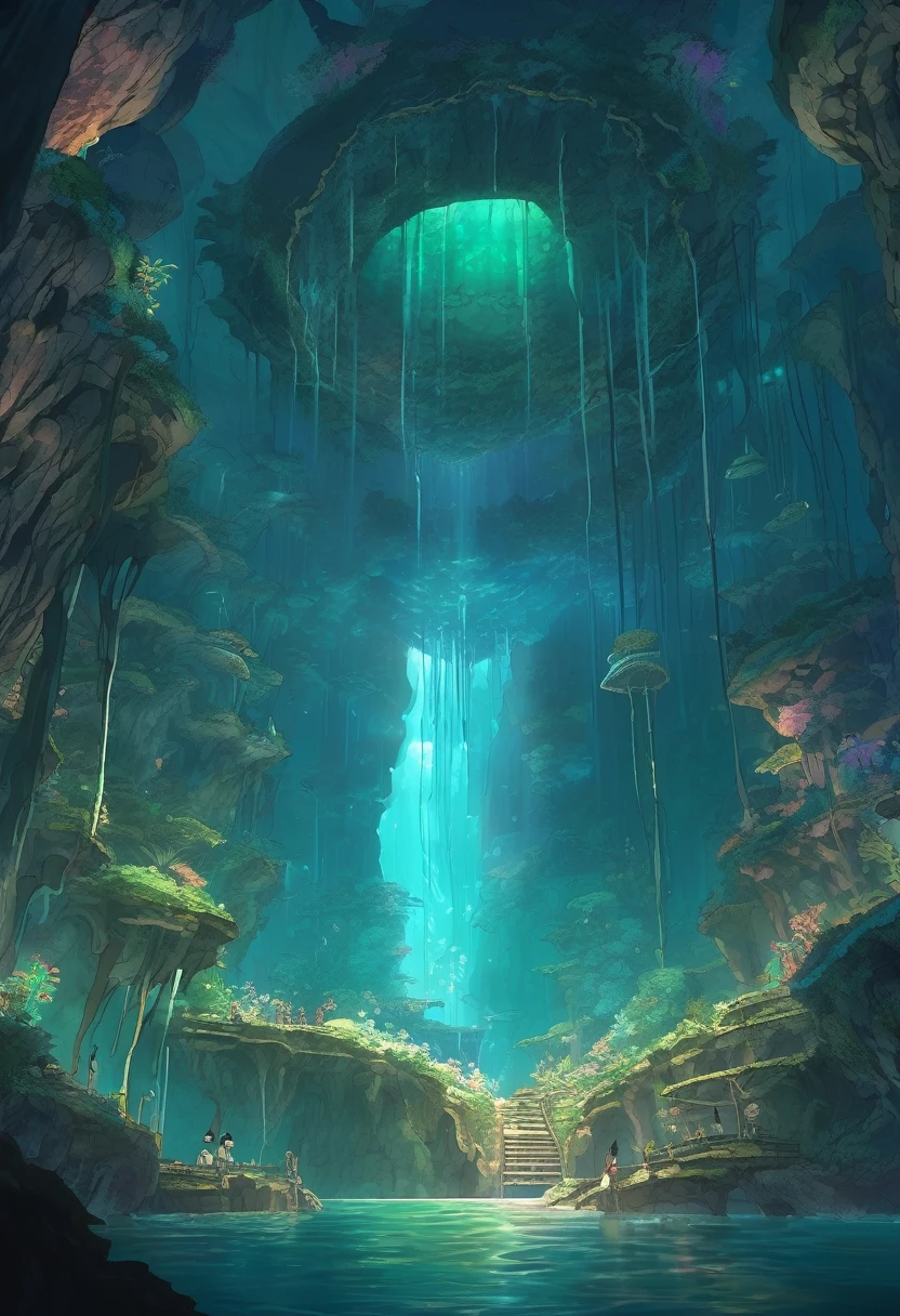 The abyssal underworld, Alien plans shifting and seething in an abyssal sinkhole, Luscious Alien Grotto, Made in Abyss, Stormlight Archive, Studio Ghibli, Anime Key Visual, by Makoto Shinkai, Deep Color, Intricate, 8k resolution concept art, Natural Lighting, Beautiful Composition, Xianxia style