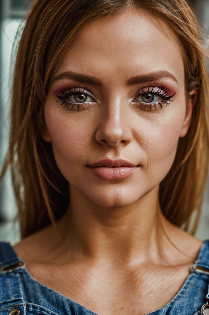 masterpiece, intricate and detailed raw 8k photo, volumetric lighting, best cinematographic quality, photo of a normal woman in overalls,make up, perfect nails, office background, extreme close up