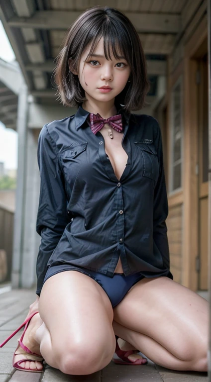 (((Unbuttoned shirt:1.65)))、(((Knee-high:1.35)))、(((Panties:1.35)))、(((High heels:1.35)))、High resolution、high resolution、8k、Real Live Action、RAWphotographgraphy、Highest quality、masterpiece、Tabletop、erotic、student、Pink Good,White skin,knees,(黒pantyhose),詳細なPantiesパターン、Pantiesーフォーカス、ピンクのPantiesー、小さいPantiesー、Absurd,Small face、Huge breasts、前hairを真ん中から分ける、The forehead is visible,(Cold look<きついeye,Glare,strong,Light anger)、masterpiece,Highest quality、超High resolution,RAWphotograph,only,Beautiful poop,One person, One personで,Dark look,Small breasts,whole body、very nice、JK Uniform,high school girl,Japanese women,Are standing,（Photorealistic：1.37）、Photon Mapping,Light blue ribbon,Realistic、かわいいSmall face,茶色のeye、Black socks、22 years old、(Red bow tie)、Radio City、物理ベースのonlyダリング、Qianfang、Depth of written border、Blurred Background、photograph,Girls、body,Beautiful legs, Long legs, Thin legs,Long Bob Cut,(前hairが見える), hair, lips, green_eye, Nose Soft,(Pink Shirt), (Navy Pleated Skirt), Navy blue jacket、white sweater vest、kneesが見える,Light clothing,, thigh, black cotton socks,Nogizaka Idol, , Japanese ID、キラキラしたeye、glossy lips、I can see your feet、Low angle shot from below、pantyhose、Are standing position、Are standing on the walkway