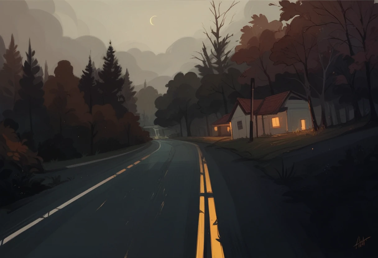 Leave this landscape at night, wet road with light rain falling, do it all in a manwha style 