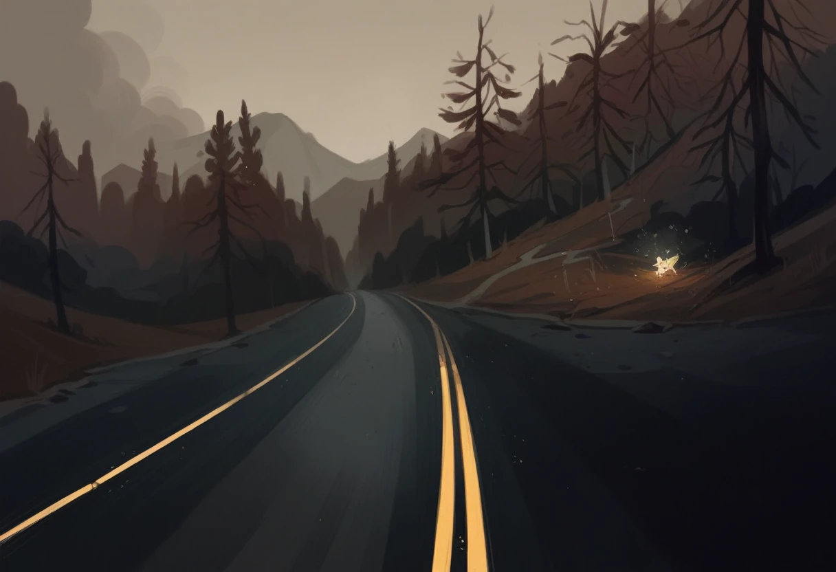 Leave this landscape at night, wet road with light rain falling, do it all in a manwha style 