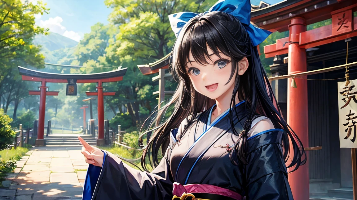 、Shoulder-length black hair、Blue kimono、Laughing with mouth open、Has a bow、Daytime forest、Large Torii Gate