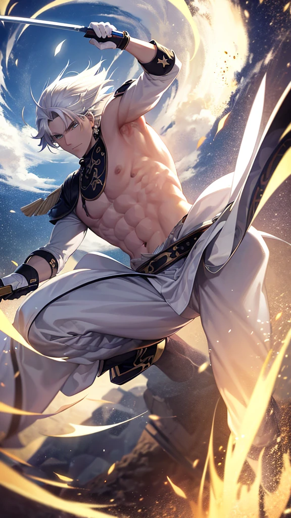 A white-haired man prepared a fighting stance, armed with a sky-flipping spear.