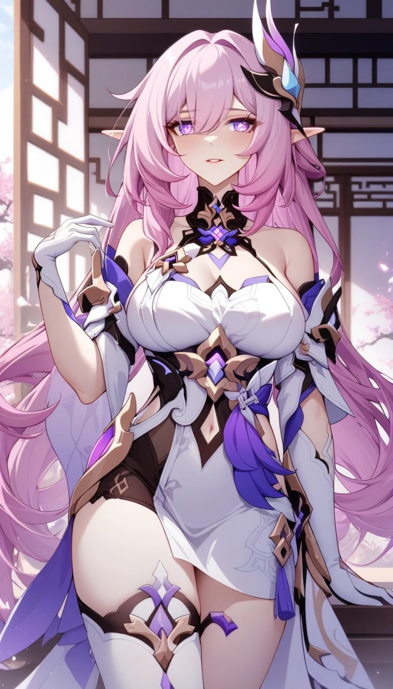 adult women, long white hair, cat ears, pink eyes, White lace dress,dress, open breast, white lipstick, Smile, masterpiece, high quality,Yuzu,whole body,Expose long legs,huge ,barefoot,exposing her chest,transparent clothes,Kneel down and spread your legs,
