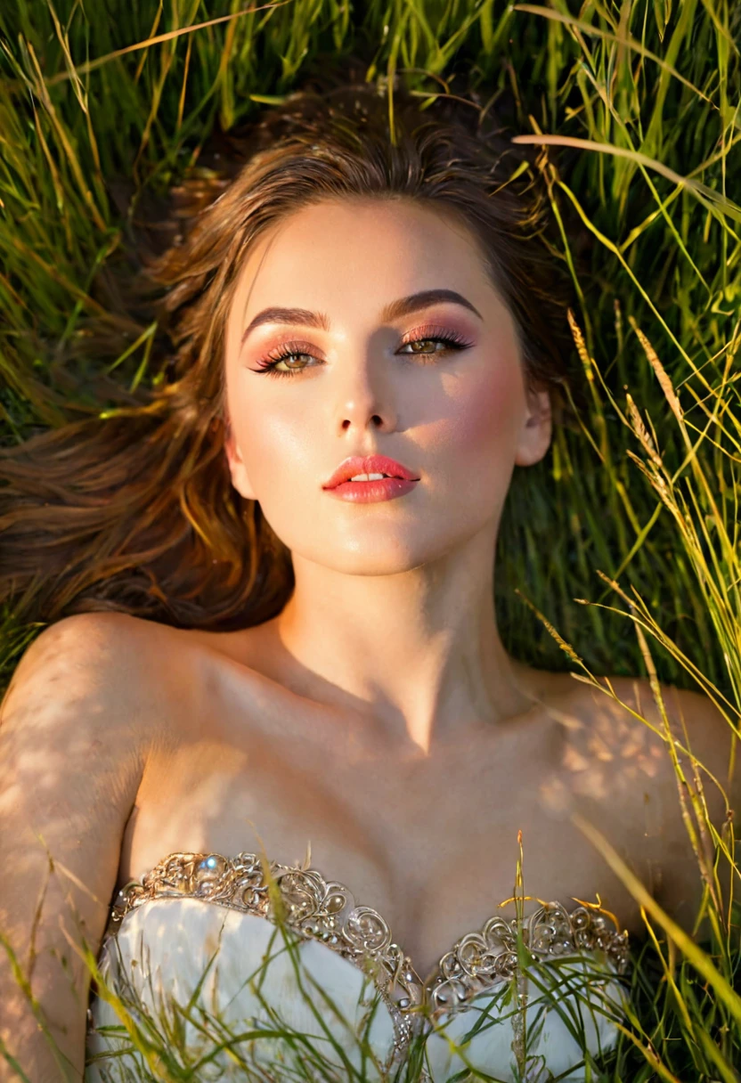 beauty, lying in long grass, sunset