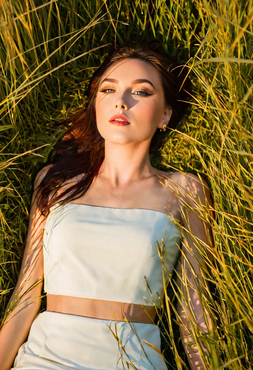 beauty, lying in long grass, sunset