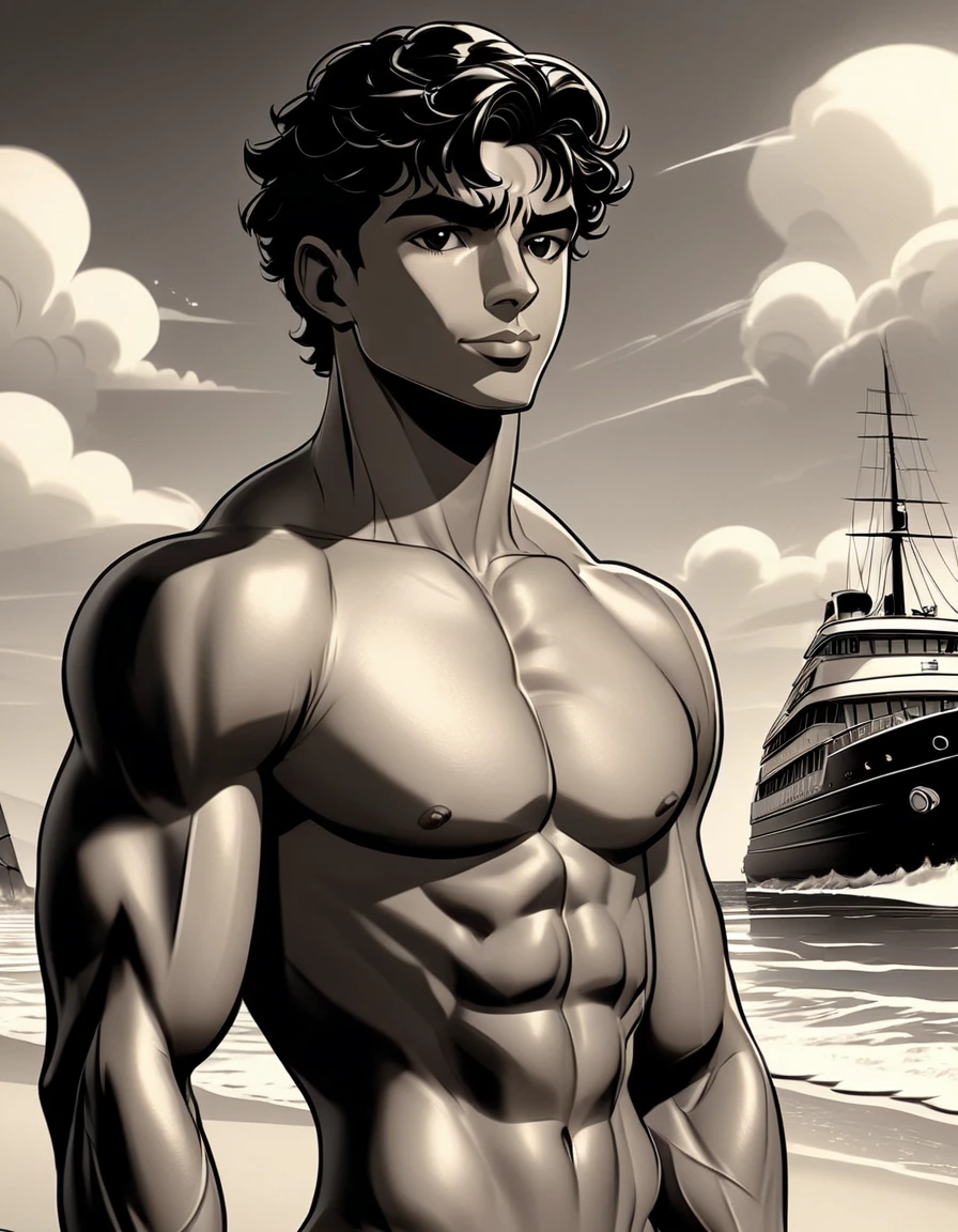  in hentai+ yaoi+anime style 

(( NAKED fullbody)) hd, 8k resolution, 

FULLBODY, 16k resolution, hd, fullbody, 

((view from the front))

 A young man, latino, cinnmon skin, thin face, straight nose, thin lips, square chin, large black eyes, short black, wavy hair, in roberto ferri style, aesthetic slim athletic body, very tall, latino, realistic skin, gorgeous, realistic detailed tonned muscles, barefoot, perfect anatomy, muscled fitness body, 195cm tall, realistic skin, skinny realistic detailed muscles

, he is NAKED, small erected penis,  walking on the beach   barefoot, perfect detailed feet, relaxed body lenguaje, relaxed face expresion. ((side view, storbe lighting, Leading Lines composition )) 

background beach, ships, boats, waves