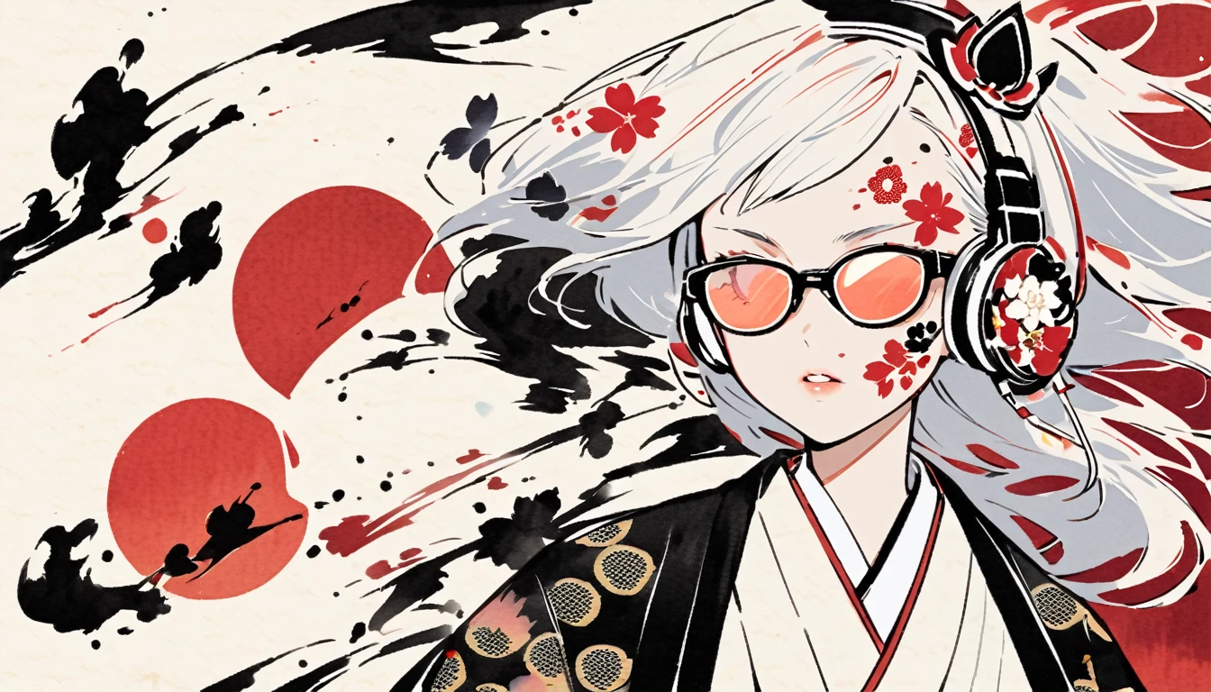 (((Ink Painting))), ((Japanese style headphones)), (((Japanese pattern paint on face))), ((Light colored sunglasses)), Japan人の女, Fluttering Hair, Japan, Japanese flag
