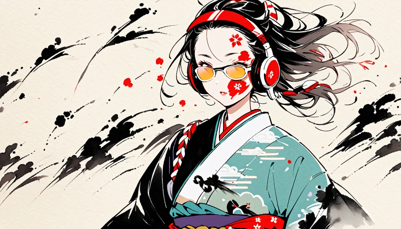 (((Ink Painting))), ((Japanese style headphones)), (((Japanese pattern paint on face))), ((Light colored sunglasses)), Japan人の女, Fluttering Hair, Japan, Japanese flag
