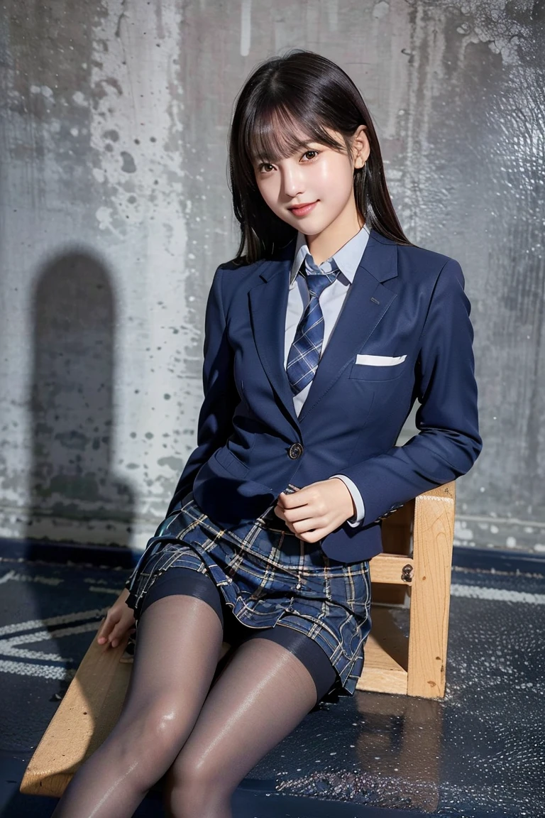 (8k), (best quality: 1.2), (realistic), (realistic: 1.37), ultra high resolution, (1 girl), cute, blush,embarrassed smile, beautiful details, beautiful nose, wet hair, huge two cells, pork, thighs，Self Snap,college ,(Simple navy blue blazer:1.4),(pleated skirt:1.2),(The skirt and tie are in a gray tartan check pattern..:1.3),(seat:1), sit on the floor,(hold my feet:1),(shiny pantyhose:1.2),in front,knee