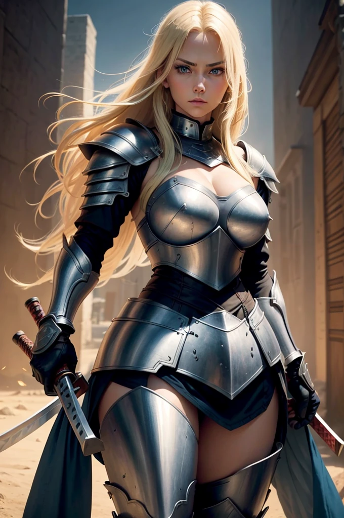 blonde woman, twenty eight years old, blue eyes, wearing battle armor, beautiful, holding a katana with her two hands, big tits, serious face, strong body