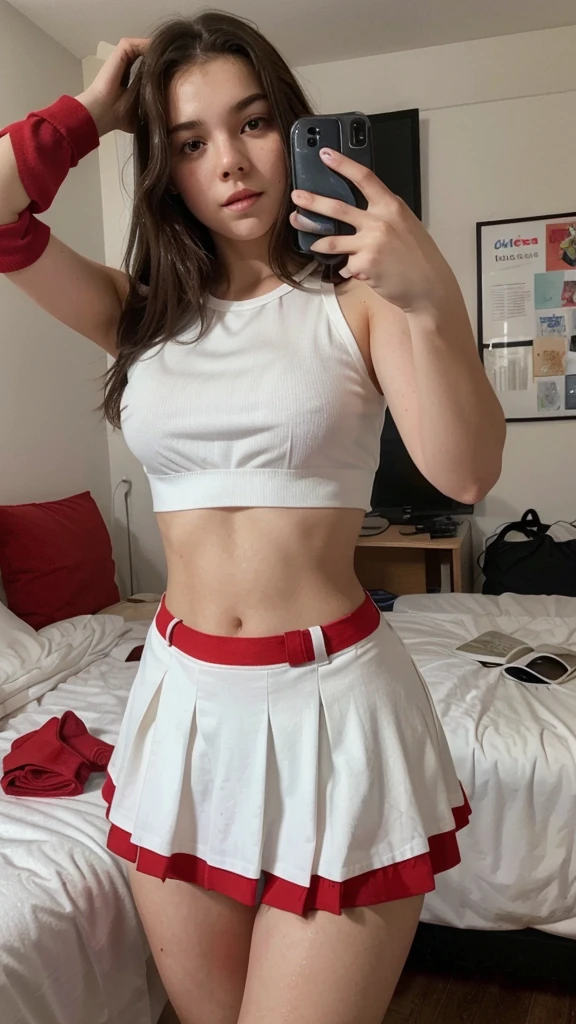 Selfie, Ultrarealistic, 17 year old girl, pretty face, white skin, dark brown hair, wearing a top, (selfy with front camera), upper body, in her bedroom, sexy legs, red mini school skirt