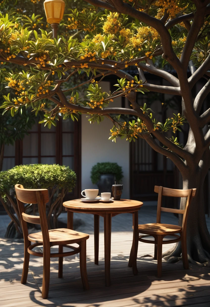 {{masterpiece, best quality, Extremely detailed CG, unified 8k wallpaper, movie lighting}}, Under the sweet-scented osmanthus tree.Wooden leisure tables and chairs.Two cups of coffee.Afternoon light and shadow.leisurely leisure time