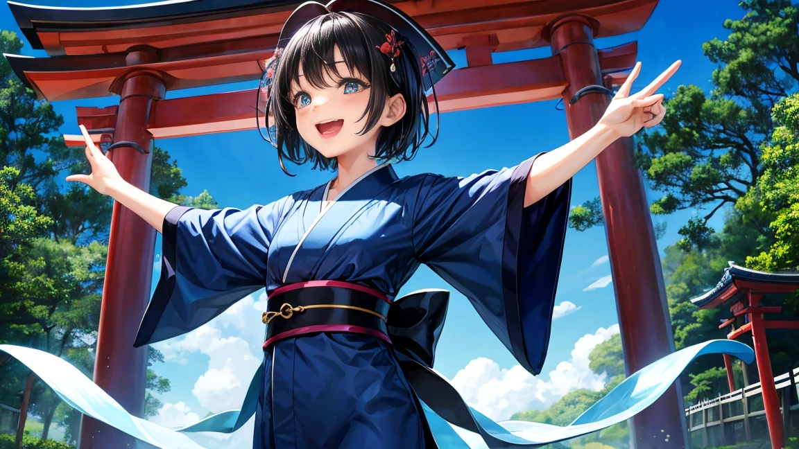 16-year-old girl、Short black hair down to the shoulders、Blue kimono、Laughing with mouth open、Has a bow、Daytime forest、Large Torii Gate