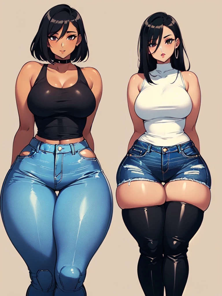 (Curvy:1.8), latina, (one girl), (straight black hair), (wearing skin tight jeans:1.4), (thigh high boots:1.4), (tan skin:1.4, (wide hips), (thick thighs:1.6)