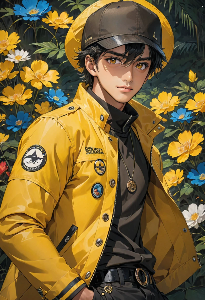 guy, dark skinned, black hair, brown eyes, yellow jacket, black hat