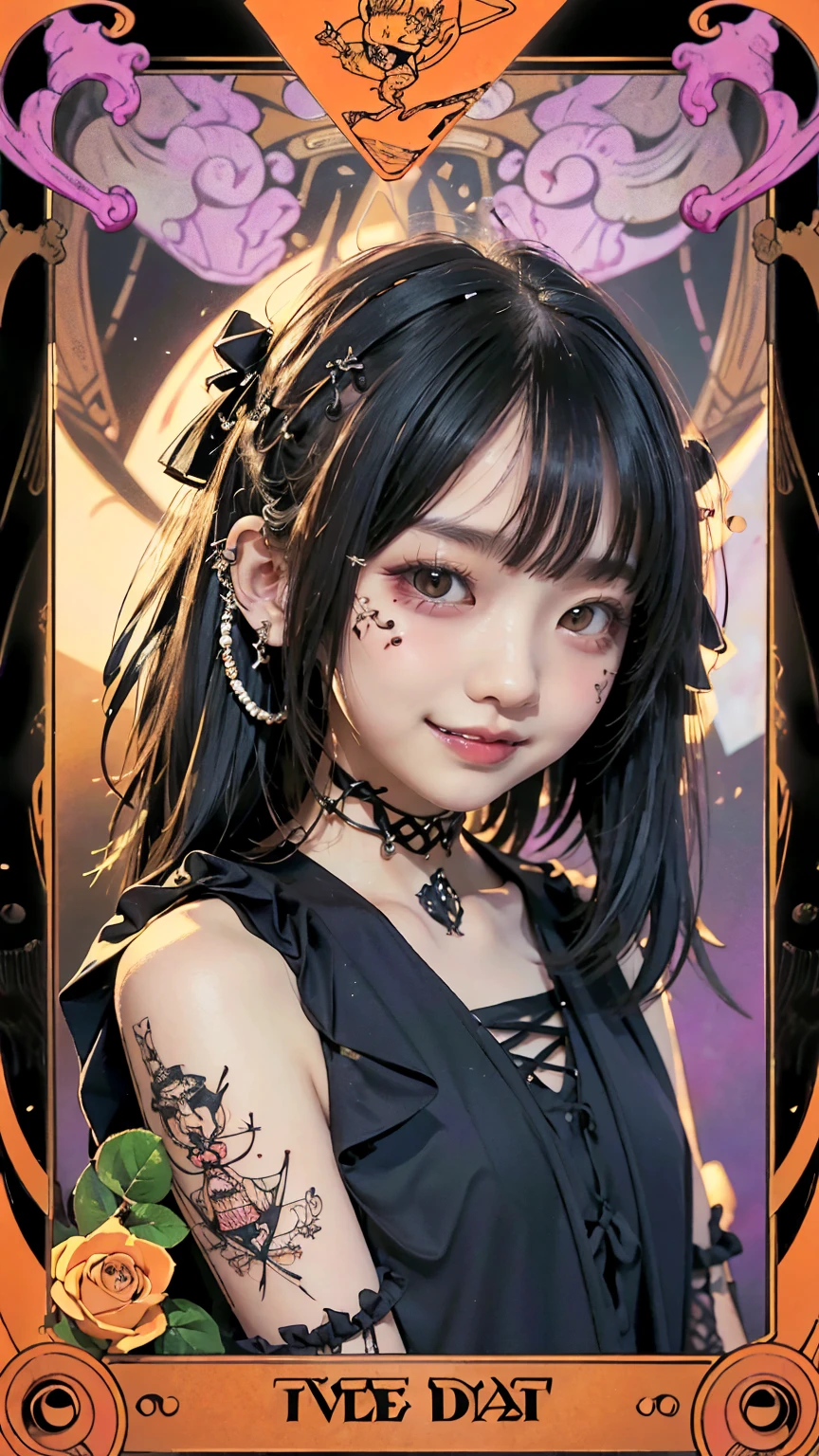 Realistic、A delicate and detailed masterpiece、Highest quality、Highest quality、(Tarot card style:1.3)、Purple Rose Background、One Woman、Upper body photo、(Gothic punk outfit:1.3)、(Black Hair、Hime cut, Long Hair:1.2)、Natural Makeup、Eyelash extensions、Draw eyelashes sharply、Thin eyebrows、Deep orange blush、Grin, Showing teeth、Slightly red cheeks、16 year old female