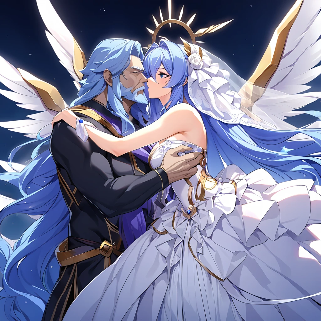 ((Highest quality)), ((masterpiece)), (detailed), (Perfect Face)、The woman embraces Zeus, the great, strong, bearded old man who is the chief god of Greek mythology, kisses him in oath, and gets married in heaven.、Women are messengers of God and great angels.6An archangel and god with wings and a shining halo above his head.々The wife of Zeus, the king of the gods, the goddess Extia、The woman is the beautiful Queen of the Gods, Goddess Extia, with medium-long blue hair. She is wearing a gorgeous white wedding dress with gold embroidery and trim, a white wedding veil, an engagement ring, and gorgeous accessories. She is an elegant goddess and a beautiful queen of the gods.