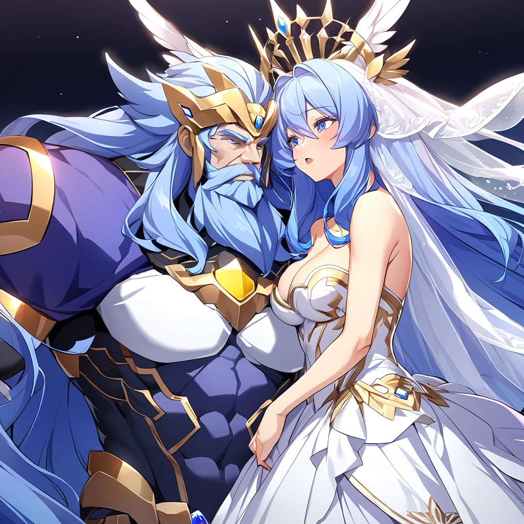 ((Highest quality)), ((masterpiece)), (detailed), (Perfect Face)、The woman embraces Zeus, the great, strong, bearded old man who is the chief god of Greek mythology, kisses him in oath, and gets married in heaven.、Women are messengers of God and great angels.6An archangel and god with wings and a shining halo above his head.々The wife of Zeus, the king of the gods, the goddess Extia、The woman is the beautiful Queen of the Gods, Goddess Extia, with medium-long blue hair. She is wearing a gorgeous white wedding dress with gold embroidery and trim, a white wedding veil, an engagement ring, and gorgeous accessories. She is an elegant goddess and a beautiful queen of the gods.