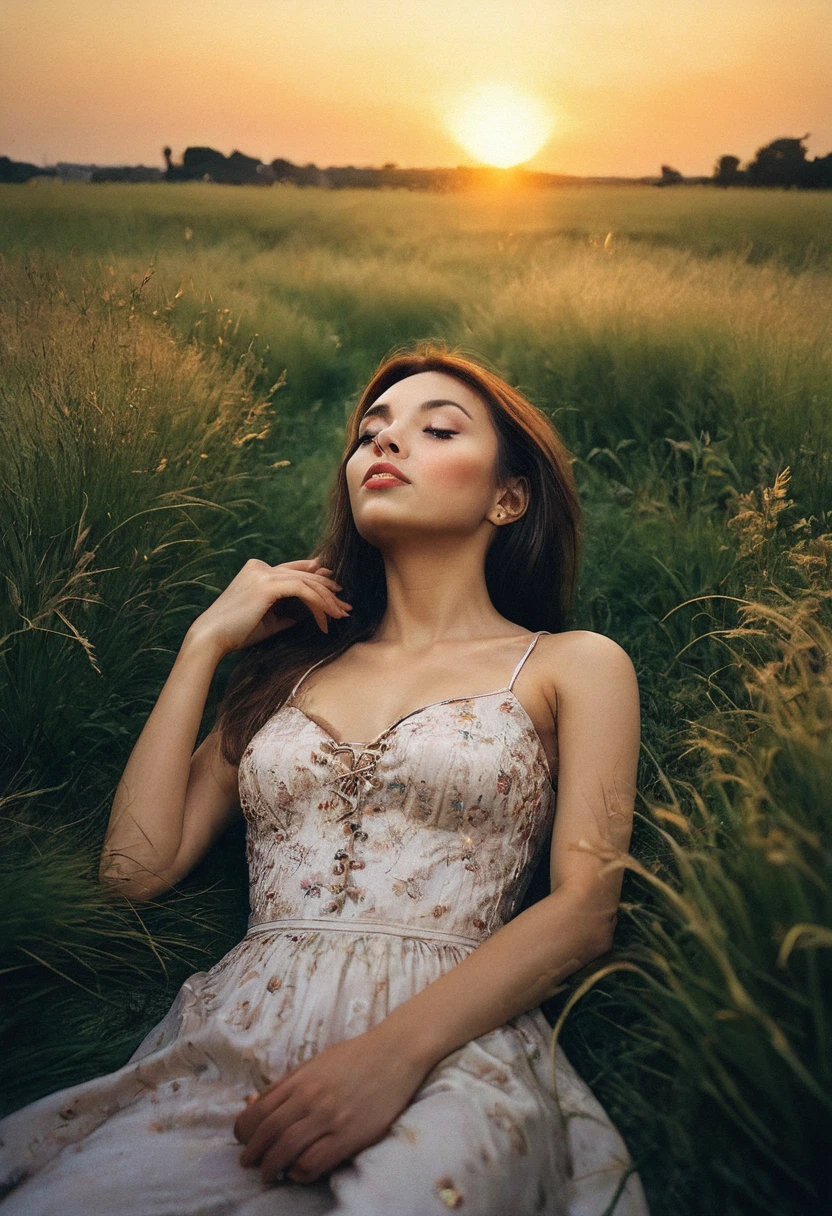 beauty, lying in long grass, sunset