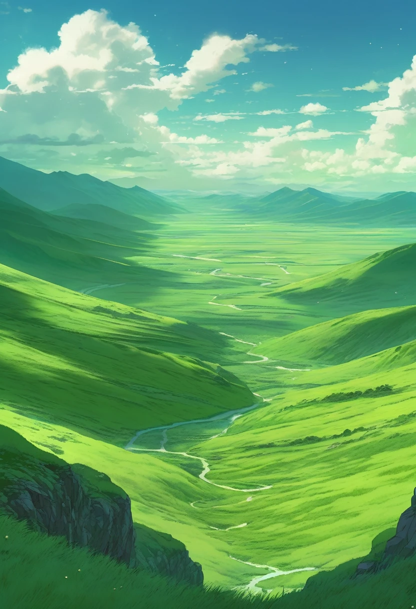 Nomadic Plains, The natural beauty of the Verdescent mythical northern plains, Green Mongolian Mythical Landscape, Green color scheme only, Green colors only, Green, Made in Abyss, Stormlight Archive, Studio Ghibli, Anime Key Visual, by Makoto Shinkai, Deep Color, Intricate, 8k resolution concept art, Natural Lighting, Beautiful Composition, Xianxia style
