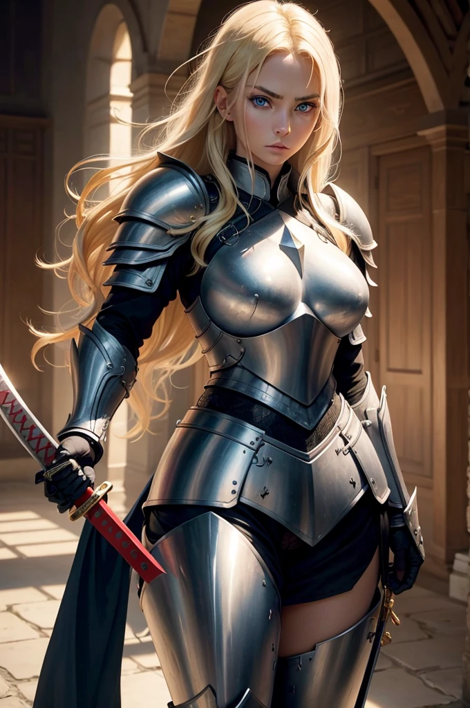 blonde woman, twenty eight years old, blue eyes, wearing battle armor, beautiful, holding a katana with her two hands, big tits, serious face, strong body