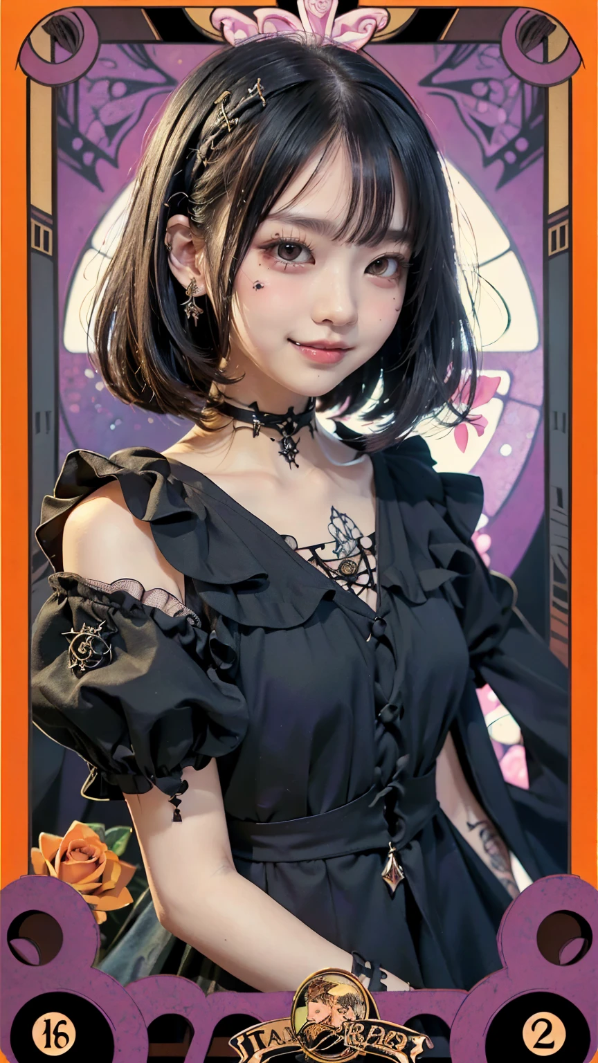 Realistic、A delicate and detailed masterpiece、Highest quality、Highest quality、(Tarot card style:1.3)、Purple Rose Background、One Woman、Upper body photo、(Gothic punk outfit:1.3)、(Black Hair、Hime cut, Long Hair:1.2)、Natural Makeup、Eyelash extensions、Draw eyelashes sharply、Thin eyebrows、Deep orange blush、Grin, Showing teeth、Slightly red cheeks、16 year old female