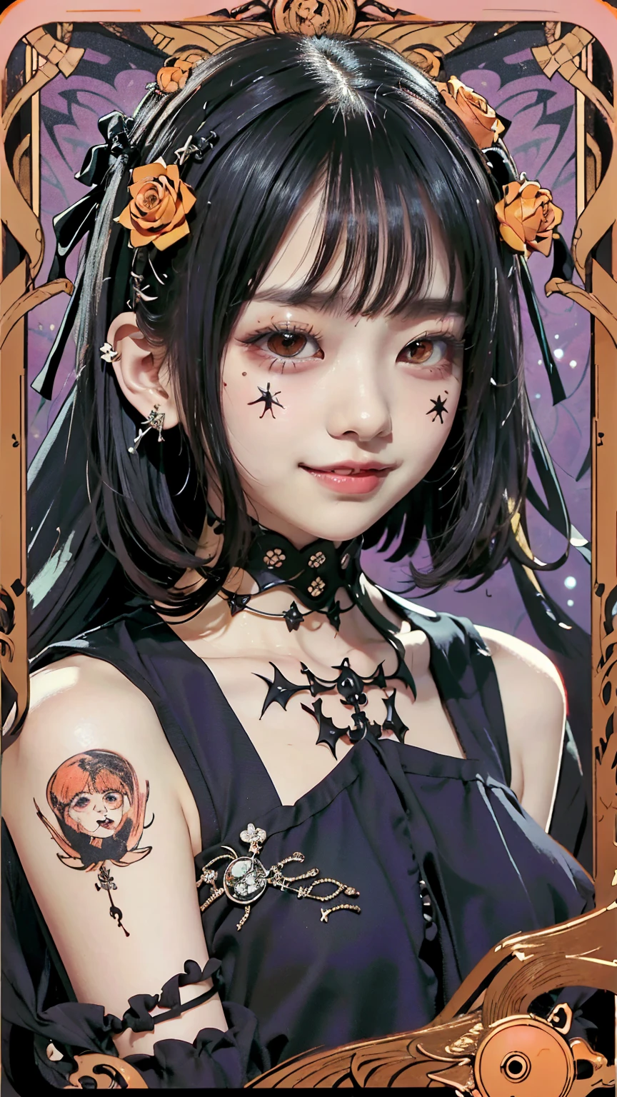 Realistic、A delicate and detailed masterpiece、Highest quality、Highest quality、(Tarot card style:1.3)、Purple Rose Background、One Woman、Upper body photo、(Gothic punk outfit:1.3)、(Black Hair、Hime cut, Long Hair:1.2)、Natural Makeup、Eyelash extensions、Draw eyelashes sharply、Thin eyebrows、Deep orange blush、Grin, Showing teeth、Slightly red cheeks、16 year old female
