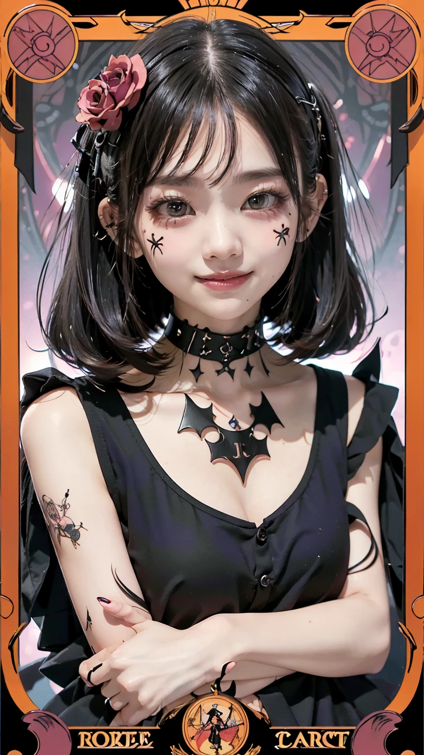 Realistic、A delicate and detailed masterpiece、Highest quality、Highest quality、(Tarot card style:1.3)、Purple Rose Background、One Woman、Upper body photo、(Gothic punk outfit:1.3)、(Black Hair、Hime cut, Long Hair:1.2)、Natural Makeup、Eyelash extensions、Draw eyelashes sharply、Thin eyebrows、Deep orange blush、Grin, Showing teeth、Slightly red cheeks、16 year old female