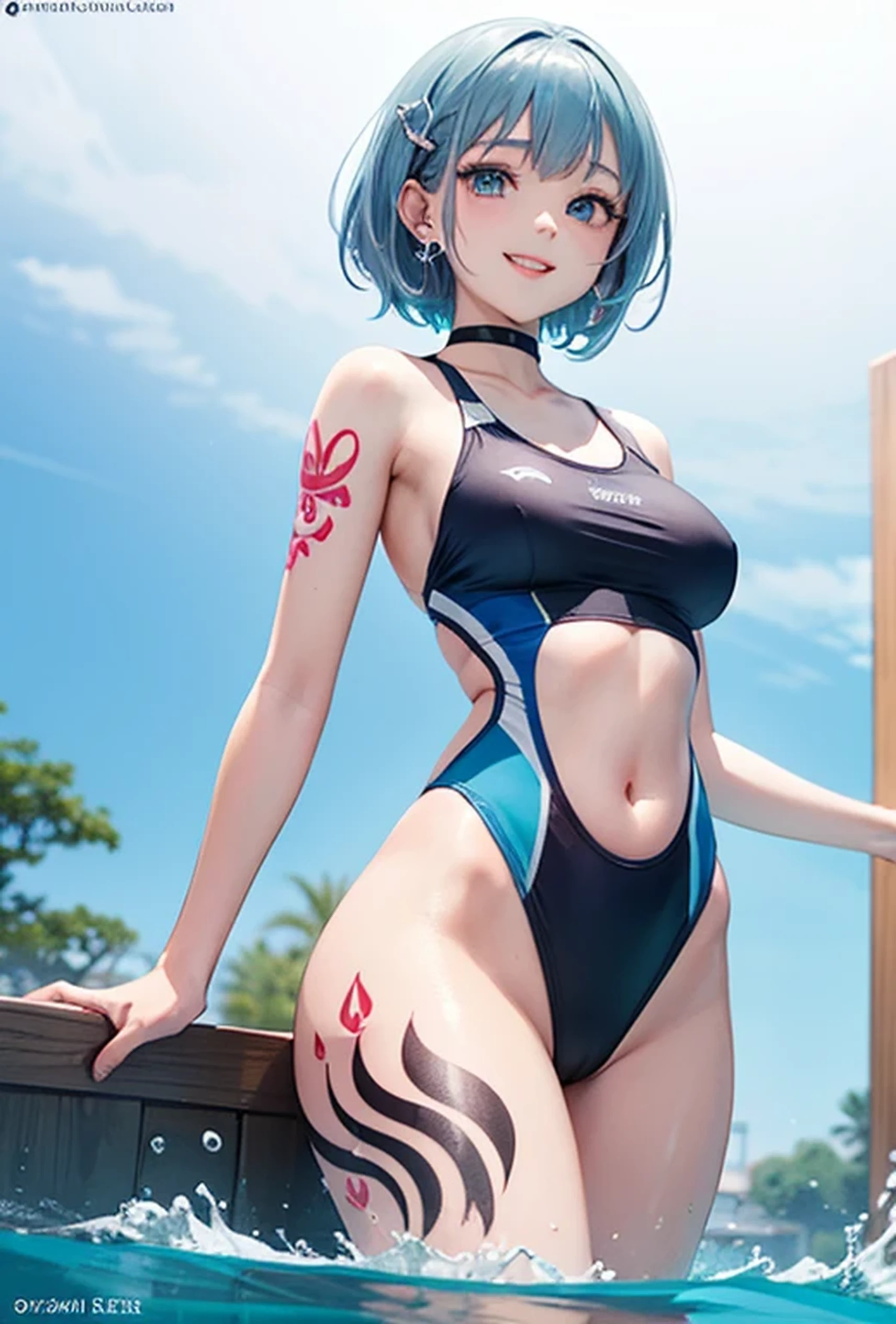 (Super detailed、Ultra-high resolution、8K masterpiece、Vibrant colors)、((Flat Color))、((Floating water))、summer、Poolside、
話かけるBig Breastsの1女、((body paint、Pop tattoo on thigh))、Big Breasts、Spread your legs、Random Sexy Poses、Back view、Angle view from below、
(Extremely small competitive swimsuit、choker)、cameltoe、Beautiful hip line、
(short hair、Vermilion blue silver hair、hair ornaments)、Beautiful blue eyes、Beautiful red lip、(fun、smile)
TWICE's Tzuyu' on pause、