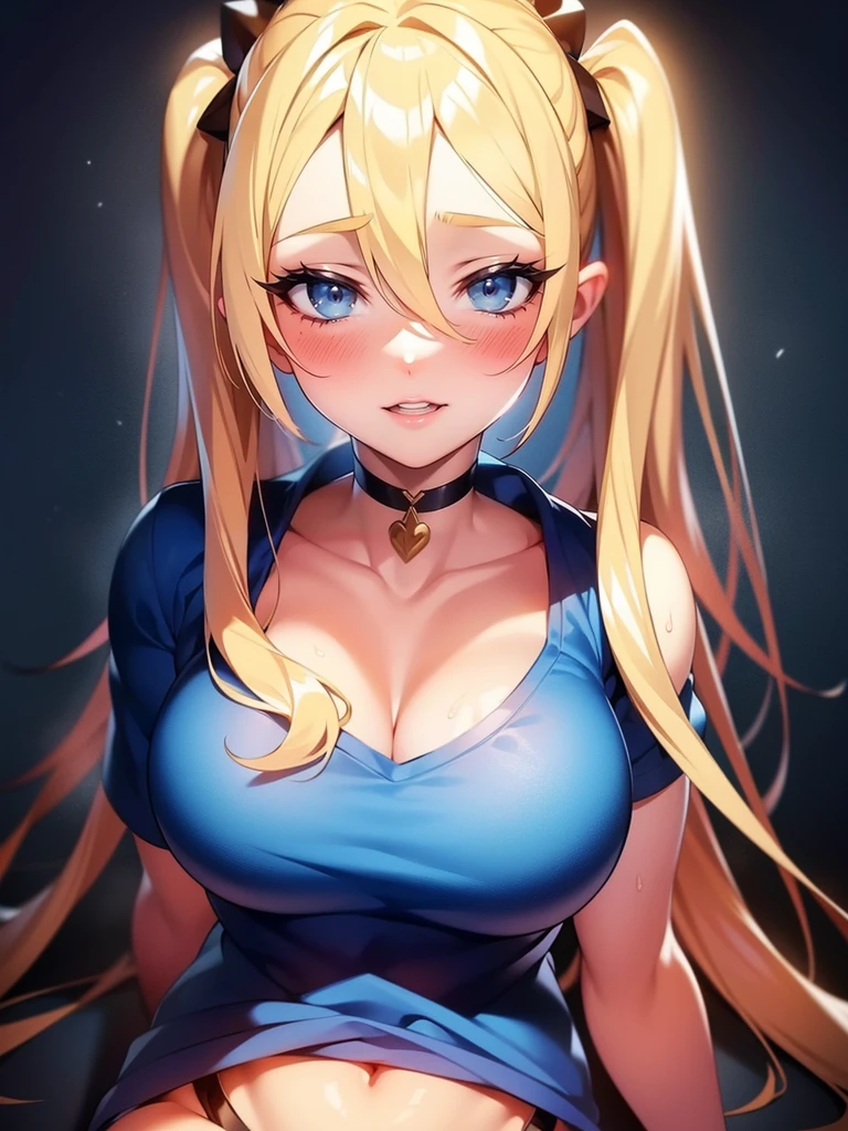 1girl, solo, portrait of a woman with blonde hair, long flowing pigtails, wearing a blue shirt, wearing a t-shirt, shirt tied in a shirt knot, exposed navel, anime illustration, anime girls, vivid colors, detailed facial features, dramatic lighting, digital painting, trending on ArtStation