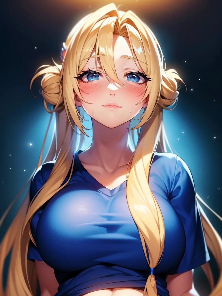 1girl, solo, portrait of a woman with blonde hair, long flowing pigtails, wearing a blue shirt, wearing a t-shirt, shirt tied in a shirt knot, exposed navel, anime illustration, anime girls, vivid colors, detailed facial features, dramatic lighting, digital painting, trending on ArtStation