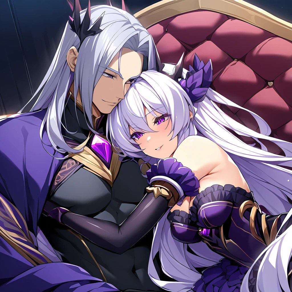 ((Highest quality)), ((masterpiece)), (detailed), (Perfect Face)、The woman is the evil queen, Dark Extia, an evil transforming heroine with medium-long silver hair, a gorgeous evil queen dress with gold embroidery and trim, gorgeous accessories, and an engagement ring. With a truly happy expression on her face, she embraces the man she loves, leans close to him, and kisses him, happily accepting his caresses.、The man is the evil king, Naioro, a handsome man with medium-long silver hair, wearing a black bodysuit, doting on the woman, embracing her, caressing her, and making love to her.、A man and a woman are sitting close together on a luxurious throne, making love.、A man and a woman are a deeply loving couple