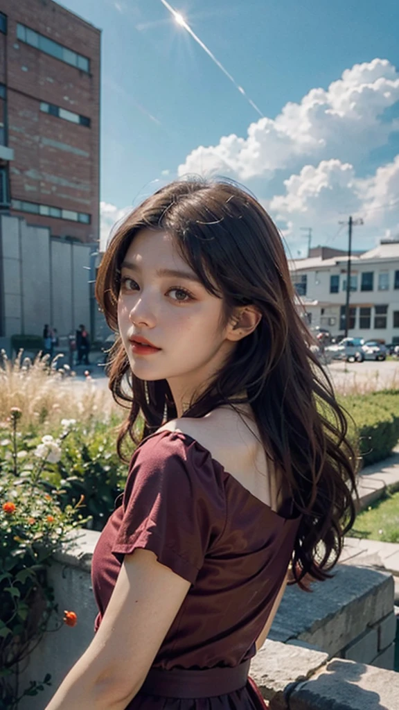 a detailed highly detailed portrait of a beautiful woman with curly long hair,purple eyes,wearing a red strapless shirt and long skirt,standing in a fantasy landscape with a star visible in the sky,masterpiece,best quality,4k,8k,highres,photo-realistic,ultra-detailed,extremely detailed face and eyes,professional digital art,cinematic lighting,vibrant colors,dramatic lighting