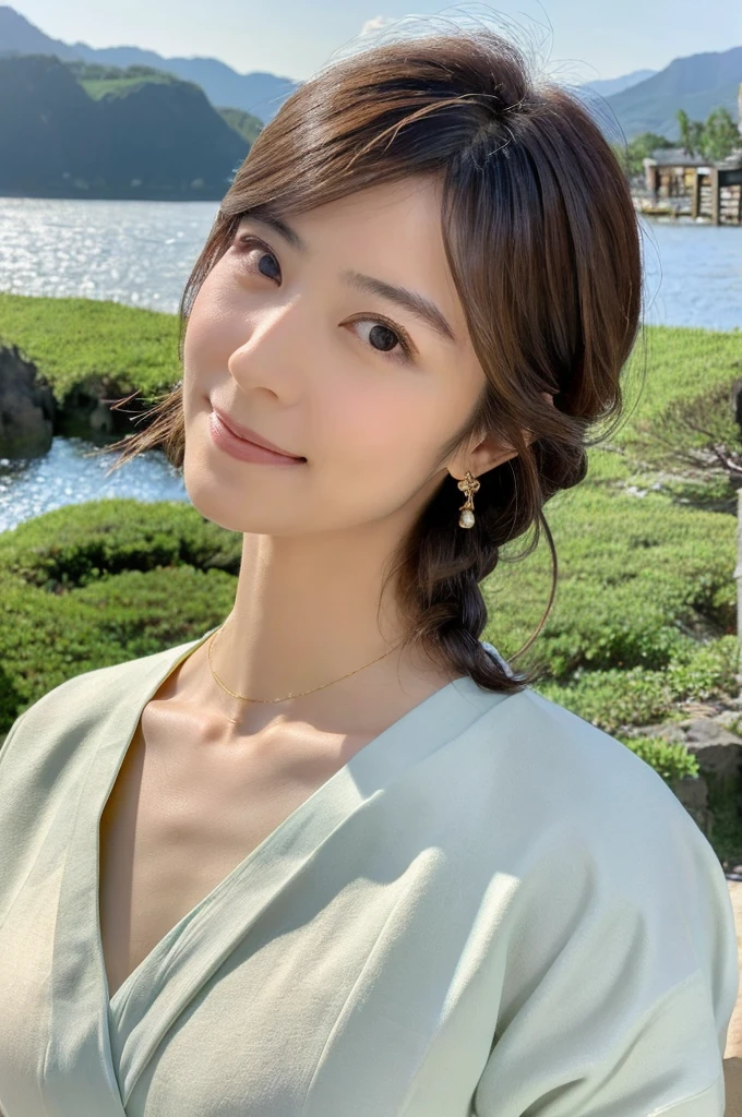 ((Highest quality)), ((masterpiece)), (detailed),Perfect Face,Japanese,Landscape Mature Woman,Upper Body