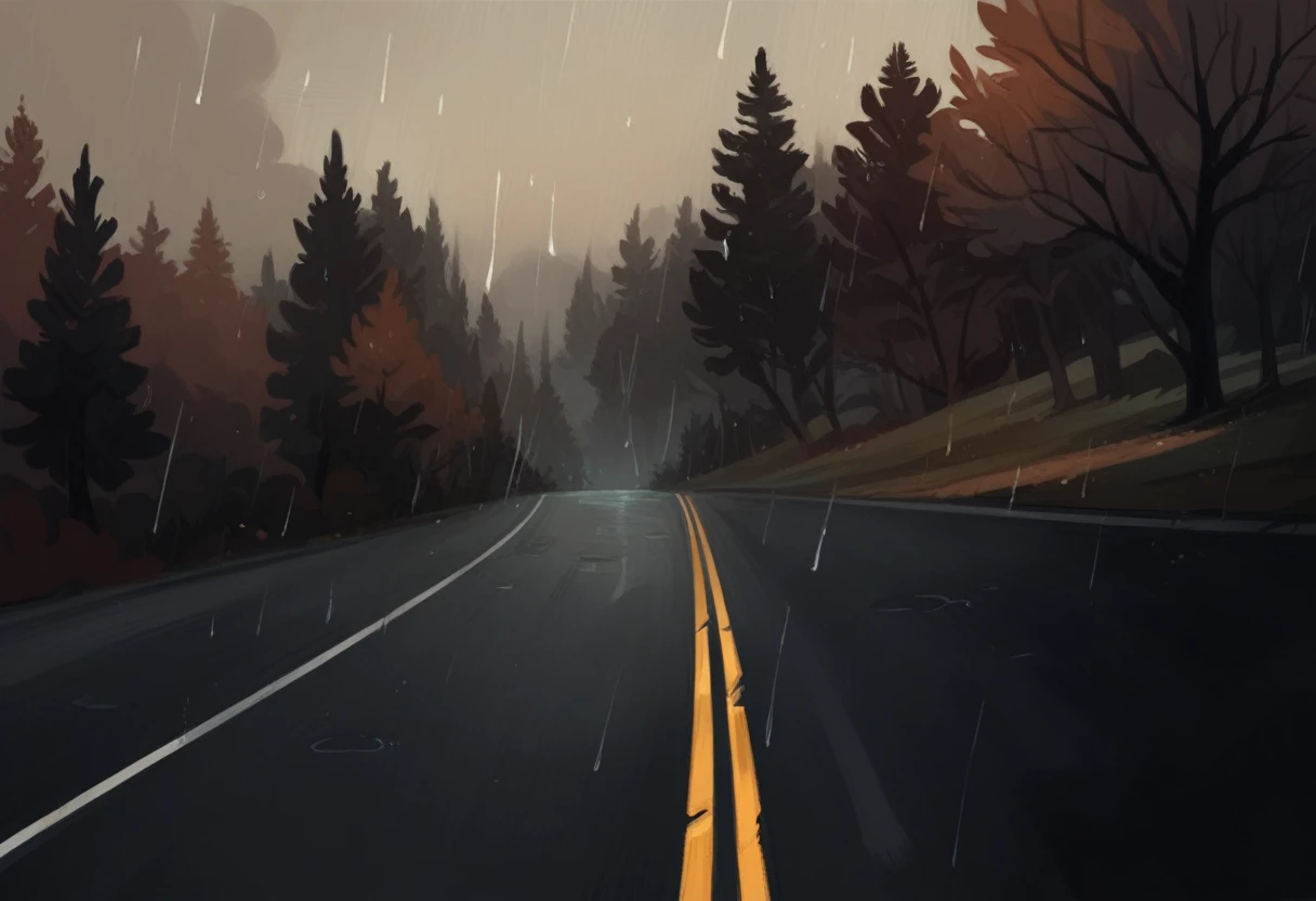 Leave this landscape at night, wet road with light rain falling, do it all in a manwha style, dark and gray skies, road wet with rain