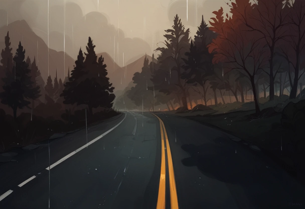 Leave this landscape at night, wet road with light rain falling, do it all in a manwha style, dark and gray skies, road wet with rain