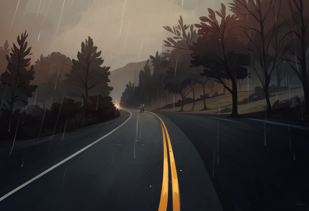 Leave this landscape at night, wet road with light rain falling, do it all in a manwha style, dark and gray skies, road wet with rain